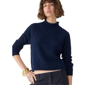 J. Crew Women's 100% Cashmere Cable Knit Sweater Mock Neck Rollneck Navy Blue M